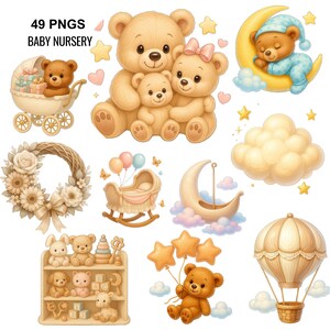 May include: A collection of baby nursery-themed PNG graphics. The image features teddy bears, a baby carriage, a wreath, a rocking cradle, a moon with a sleeping bear, a shelf with toys, and a hot air balloon. The text "49 PNGS BABY NURSERY" is at the top.