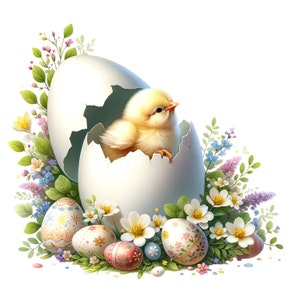 May include: A yellow baby chick peeks out of a cracked white egg shell surrounded by colorful Easter eggs and spring flowers.