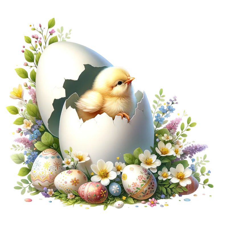 May include: A yellow baby chick peeks out of a cracked white egg shell surrounded by colorful Easter eggs and spring flowers.