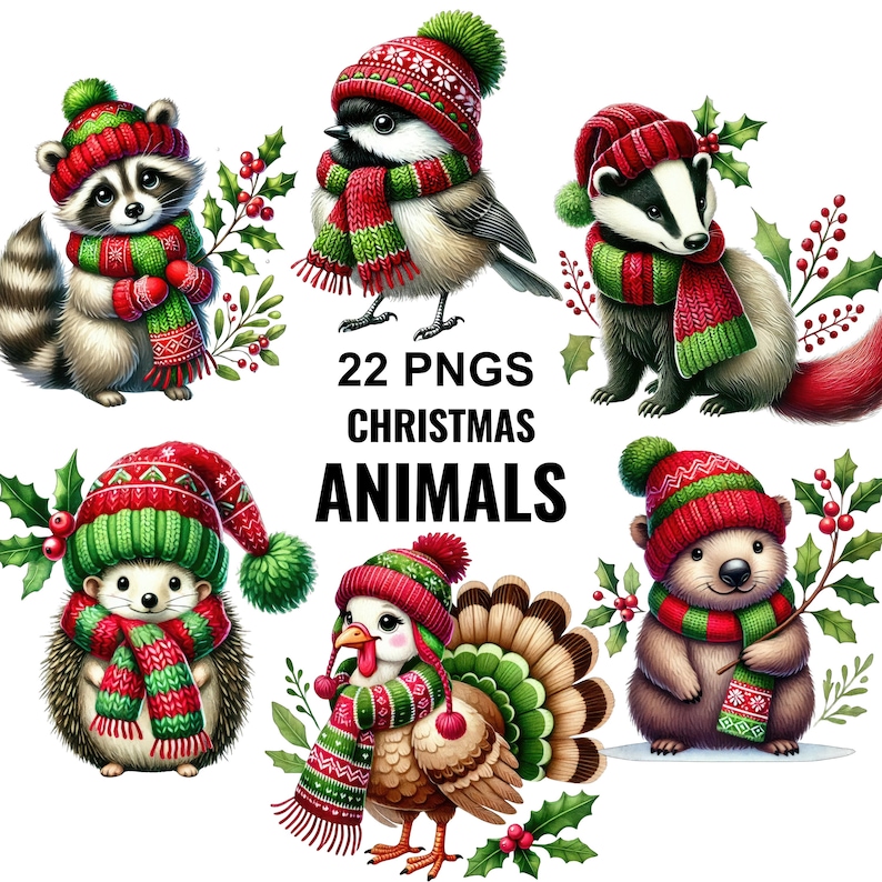 Christmas Animals Clipart PNG – 22 Cute Woodland Animals in Winter Hats ...