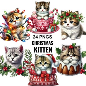 Clipart di gattini di Natale, immagini di gattini, sublimazione natalizia di gatti, gattini invernali, gattino carino png, grafica festiva, pacchetto clipart di gatti