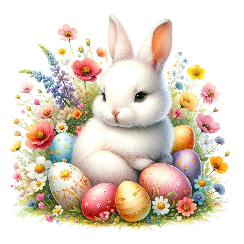 Watercolor Easter Bunny Clipart: Floral Spring PNG Graphics (Digital Download) image 3