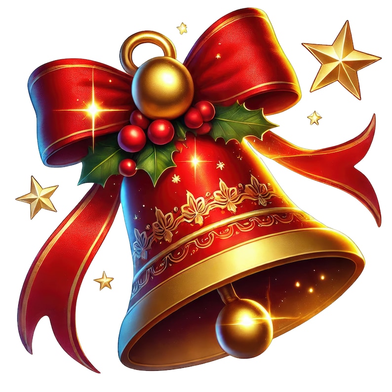 Christmas bells clipart set featuring red and gold holiday bells decorated with holly leaves, berries, ribbons, and stars. Festive digital illustrations perfect for Christmas cards, invitations, party decor, sublimation, scrapbooking, DIY crafts, and seasonal design projects. High-resolution PNG files with transparent background for easy use in printing or digital work. This Christmas bell digital download bundle adds a joyful and elegant holiday touch to creative projects.
