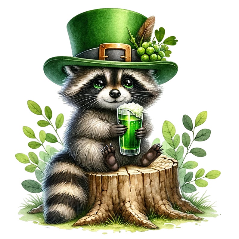 May include: A cartoon raccoon wearing a green leprechaun hat with a gold buckle and holding a glass of green liquid. The raccoon is sitting on a tree stump with green leaves behind it.