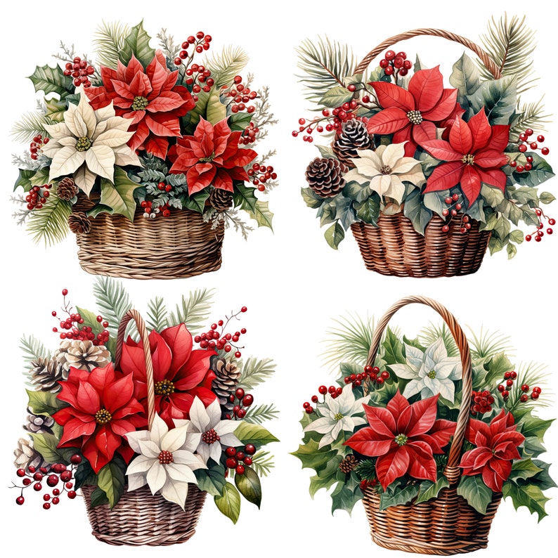 Watercolor Christmas Flowers Clipart, Christmas Bouquets Png, Christmas Flowers Clipart