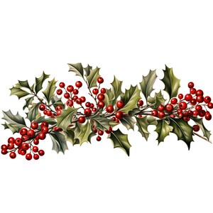 May include: A festive garland of holly with bright red berries and glossy green leaves.