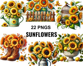 May include: A selection of digital sunflower images. The images feature sunflowers in a watering can, behind a wooden fence, in a birdcage, in boots, and in a metal pitcher. The text "22 PNGS SUNFLOWERS" is displayed.
