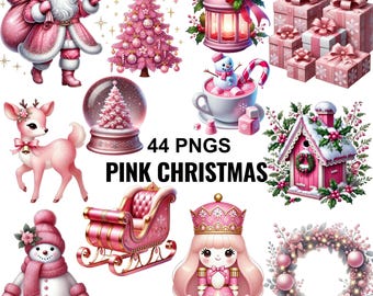 Pink Christmas Clipart, 44 PNG Pastel Xmas Holiday Graphics, Gingerbread Santa Bear Sublimation Elements, Digital Download Pack