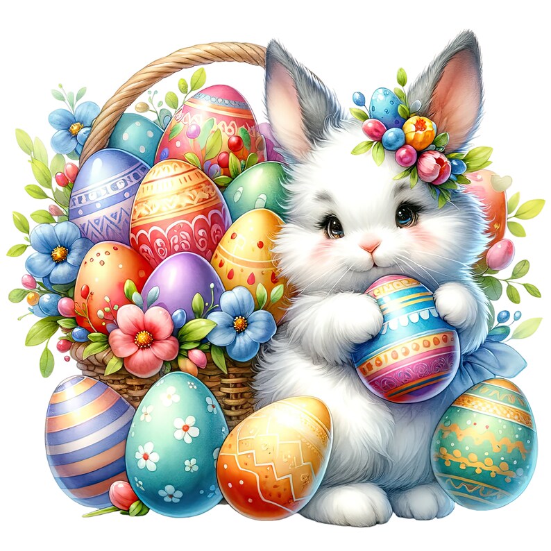 Watercolor Easter Bunny Clipart: Floral Spring PNG Graphics (Digital Download) image 7