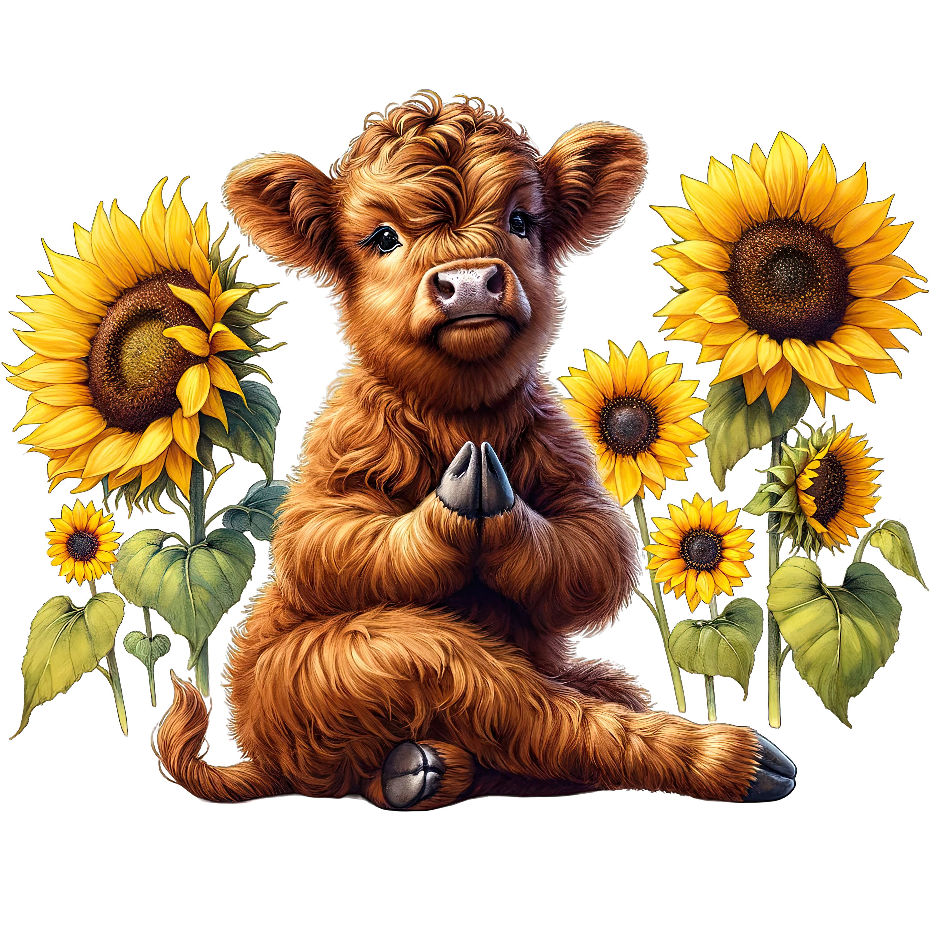 Watercolor Sunflower Highland Cow Clipart: Nursery PNG Bundle (digital ...