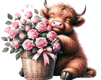 Watercolor Valentines Highland Cow Clipart, Highland Cow Png,Highland Cow Clipart, Cute Highland Cow Clipart,Valentines Cow Png,Highland Cow