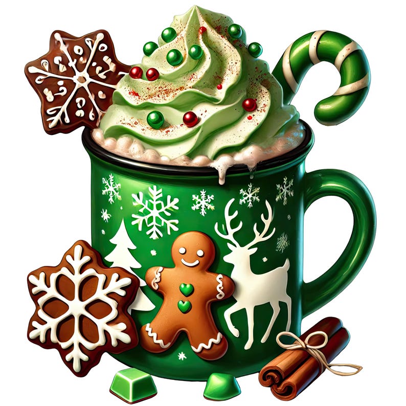 May include: A green mug with a white reindeer and gingerbread man design. The mug is filled with a green and white peppermint hot chocolate topped with whipped cream and red and green sprinkles. A candy cane and cinnamon sticks are also included.
