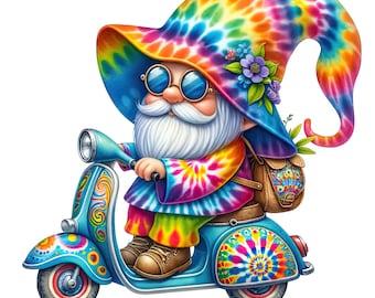 Watercolor Hippie Gnome Clipart, 22 Tie Dye Retro Gnomes PNG, Rainbow Summer Festival Elements, Retro Van Sublimation Graphics Pack