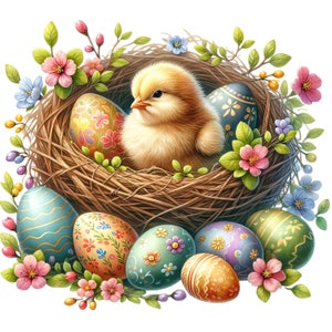 May include: A yellow chick sits in a brown woven nest with colorful Easter eggs. The eggs are decorated with floral patterns, stripes, and polka dots.