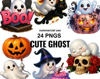May include: A digital collection of 24 PNG files featuring cute ghosts, pumpkins, a black cat, a skull with red roses, and a witch hat. The text reads commercial use 24 PNGS CUTE GHOST. The illustrations include a ghost holding a Boo sign.
