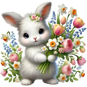 Hase mit Blumen Clipart, süßes Häschen Clipart, Floral Kaninchen Clipart, Kaninchen Clipart, Häschen Design, druckbare Png Kaninchen, Häschen mit Blumenstrauß