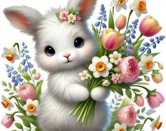 Bunny with Flowers Clipart, cute bunny clipart, Floral bunny clipart,Rabbit Clipart,baby bunny design,printable bunny png,bunny with bouquet