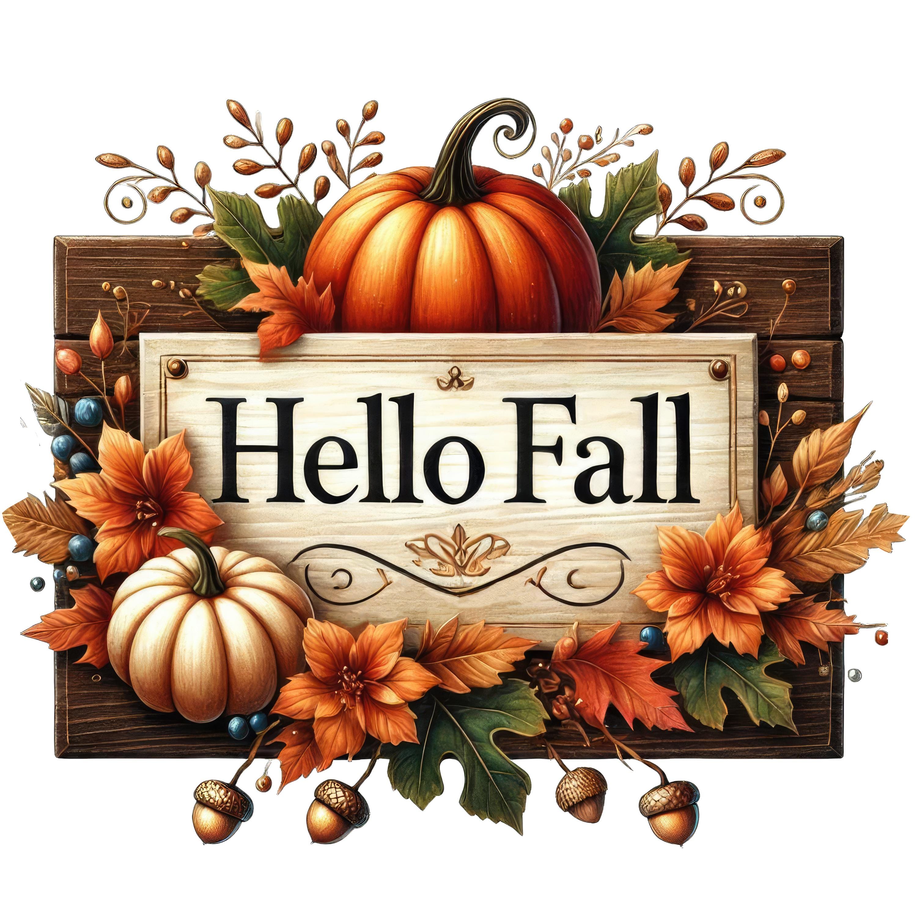 Hello Fall T Watercolor Hello Fall Sign Clipart, Pumpkin Autumn Leaves Welcome Sign ...