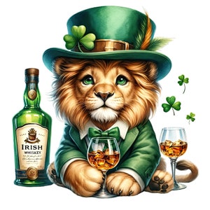 May include: A cartoon lion wearing a green leprechaun hat, a green suit, and a bow tie. The lion is holding a glass of whiskey and there is a bottle of Irish whiskey in the background.