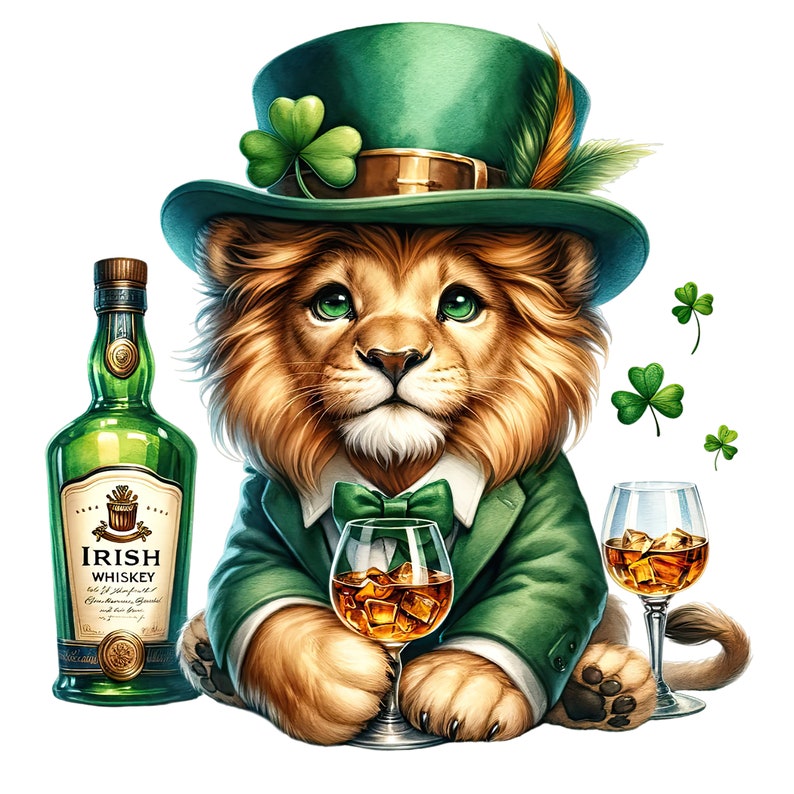 May include: A cartoon lion wearing a green leprechaun hat, a green suit, and a bow tie. The lion is holding a glass of whiskey and there is a bottle of Irish whiskey in the background.