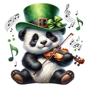 May include: A black and white panda wearing a green leprechaun hat and playing a violin. Musical notes are scattered around the panda.