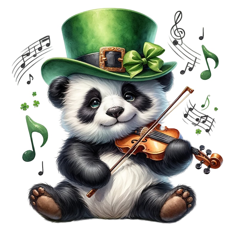 May include: A black and white panda wearing a green leprechaun hat and playing a violin. Musical notes are scattered around the panda.