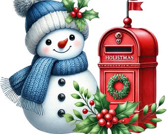 Watercolor Snowman Clipart, 22 PNG Blue Christmas Snowmen Bundle, Cute Winter Holiday Decor, Xmas Sublimation Graphics Digital Pack