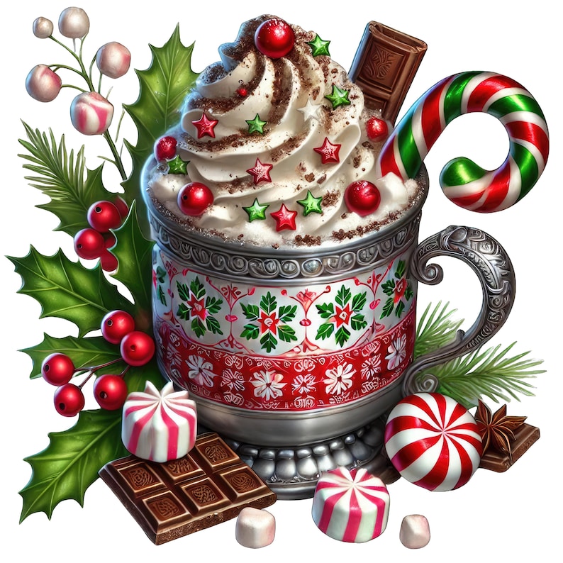 May include: A festive mug with a red and white patterned design, filled with whipped cream and topped with red and green sweets. The mug is surrounded by holly, candy canes, and chocolate.