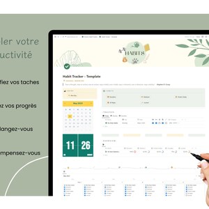 Peut inclure: Un écran d'ordinateur affichant une application de suivi des habitudes avec un thème vert et blanc. L'application comprend un calendrier, une liste d'habitudes et un graphique de progression. Le texte à l'écran indique "Habit Tracker - Template" et "HABITS".