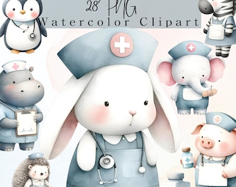 Watercolor Nurse Animal Clipart:  Nursing Medical Nursery Art (Digital Download)