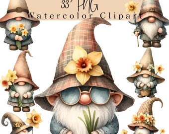 Daffodil Gnome Watercolor Clipart: Spring Flora, Garden Clipart PNG for Crafting (Digital Download)