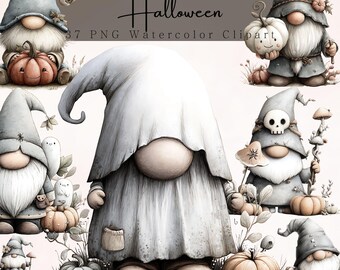Boho Halloween Gnome Clipart Bundle: Ghosts Spooky, Pumpkins, Watercolor Nursery Art (Digital Download PNG)