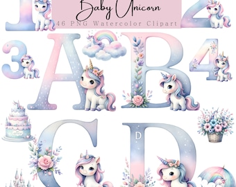 Unicorn Watercolor Alphabet & Numbers Clipart: Whimsical PNG Nursery Decor Kids (Digital Download)