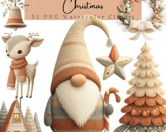 Cute Gnome Boho Christmas Watercolor Clipart PNG, Neutral Holiday Gnomes Festive Scandinavian Nursery Art Digital Download