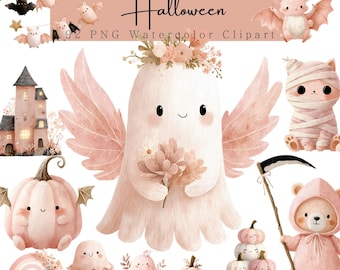 Pink Pastel Halloween Clipart Bundle: Kawaii Ghost Nursery Watercolor, Pumpkins, Witch (PNG Digital Download)