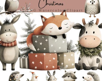 Woodland Christmas Animals Watercolor Clipart: Nursery Winter Forest Animals (PNG Digital Download)