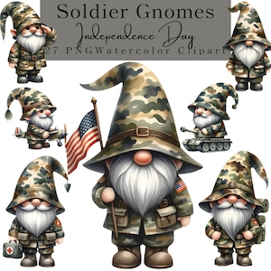 Patriotic Soldier Gnome Graphics, 4th of July Gnome Clipart, Watercolor Independence Day, Memorial Day, Digital Download for Crafts & Decor