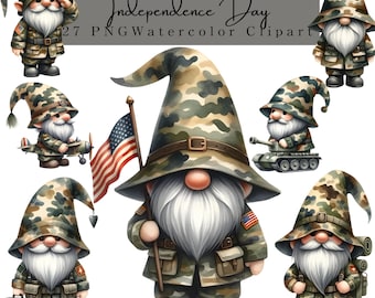 Patriotic Soldier Gnome Clipart: Watercolor 4th of July, ndependence Day, Memorial Day (Digital Download)