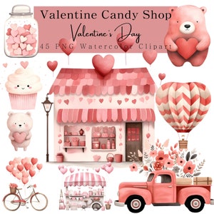 Valentine Shop Clipart, Valentine Candy PNG, Teddy Bear Love PNG, Heart Candy Shop Clipart, Valentine Candy Clipart, Candy Shop Watercolor