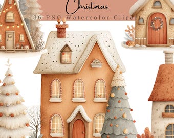 Watercolor Winter Village Clipart PNG: Snowy Houses, Christmas Scenes (Digital Download)