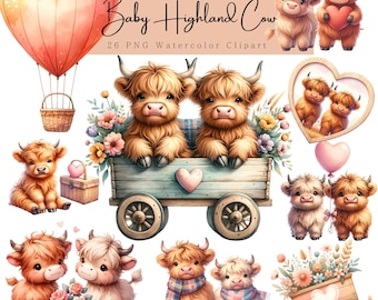 Cute Highland Cow PNG, Highland Cow Clipart, Highland Cow Baby Shower, Farm Animal Watercolor Clipart, Animal Couple Clipart, Cow Valentine