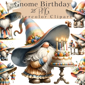 Watercolor Gnome Birthday Clipart  PNG: Party Decoration for Kids, Nursery Gnome (Digital Download)