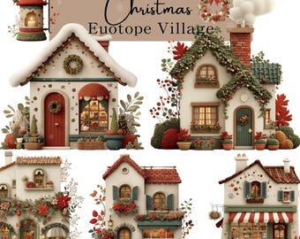 European Christmas Village Watercolor Clipart PNG, Cozy Festive Town Streets Shops Houses, Snowy Holiday Winter Scene Digital Download