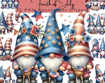 Patriotic Watercolor Gnome Clipart: 4th of July PNG, Independence Day Decor, Memorial (Digital Download)