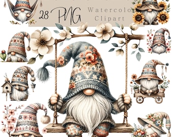 Boho Garden Gnome Clipart: Spring Watercolor PNG (Digital Download)