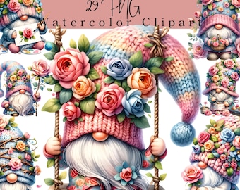 Rose Garden Gnome Clipart PNG: Watercolor Spring Art, Easter egg, Craft Invite (Digital Download)