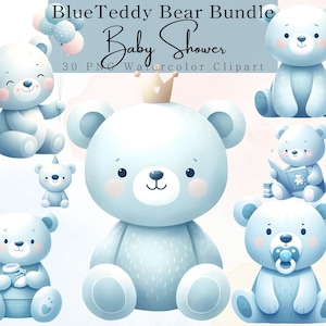 Blue Teddy Bear Watercolor Clipart: Gender Reveal, Baby Boy, Baby Shower Decor (Digital Download)