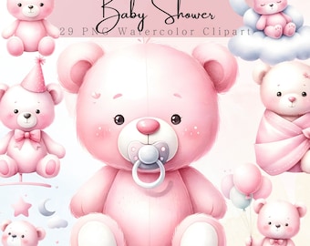 Pink Teddy Bear Watercolor Clipart: Baby Shower, Nursery Baby Girl Invitations Decor  (Digital Download)