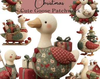 Watercolor Patchwork Goose Christmas Clipart, Cozy Farmhouse Holiday PNG Set, Hand Drawn Nursery, Winter Bundle Digital Download