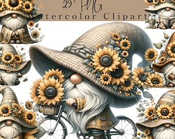 Sunflower Gnome Clipart: Watercolor Garden PNG Decor, Crafts, Boho Gnome (Digital Download)